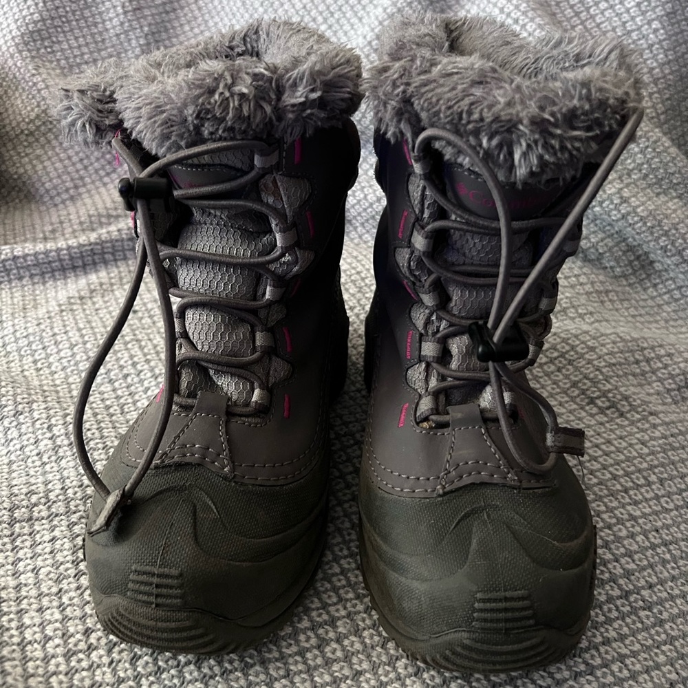 Columbia, snow/rain boots, kids size 2, gray and purple.